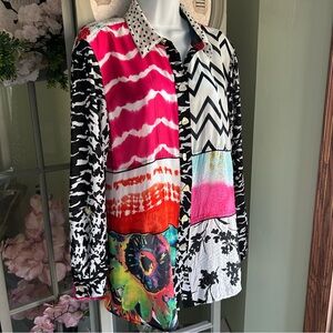 JOHN MARK Vibrant Patchwork Print Button-Up Roll-Tab Sleeve Tunic Top Shirt Sz L